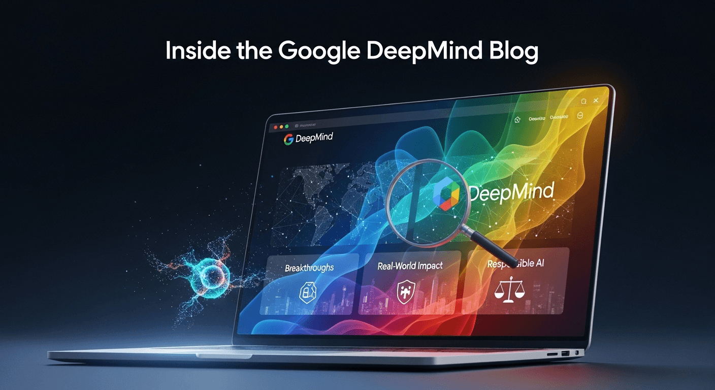 Collage illustrating Google DeepMind research across protein folding, weather forecasting, robotics, and multimodal AI