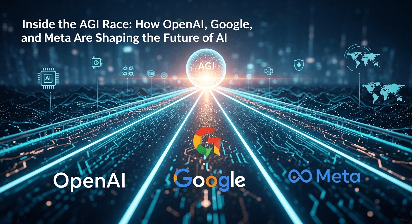 Logos of OpenAI, Google, and Meta over circuitry representing the AGI race