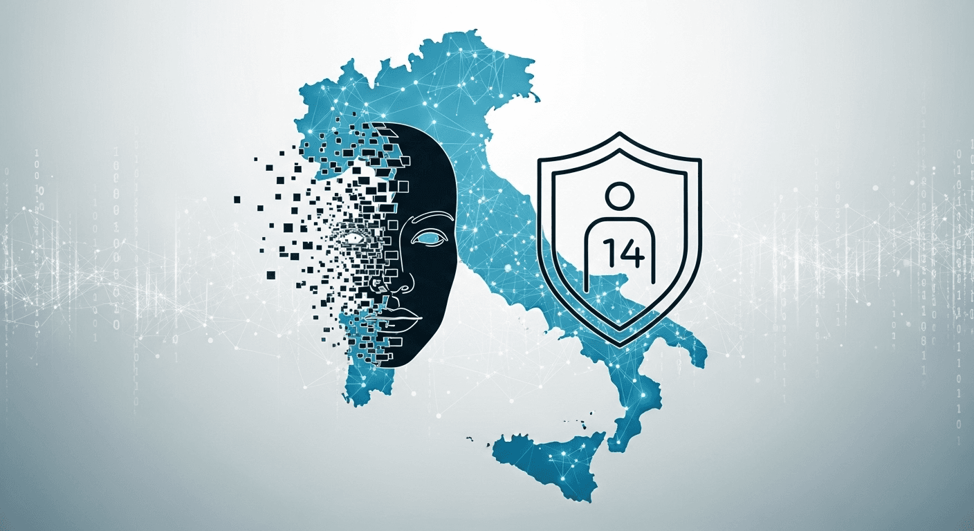 Italian flag next to scales of justice, symbolizing AI deepfake regulation and child protection policies