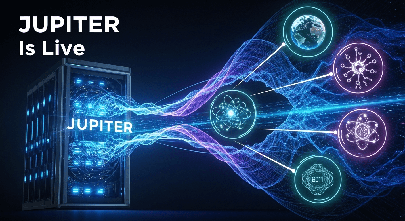 Server racks of the JUPITER exascale supercomputer at Juelich Supercomputing Centre, Germany, powered by NVIDIA accelerated computing.