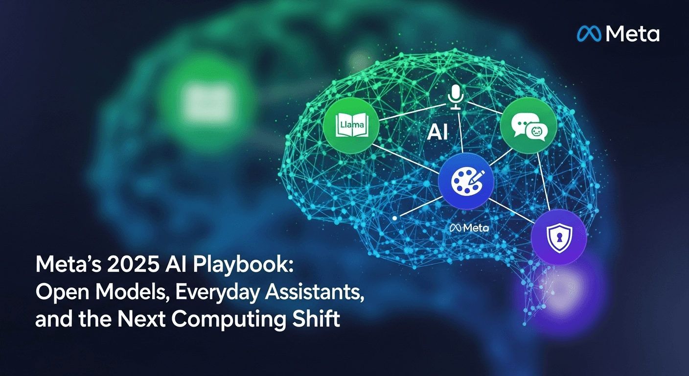 Illustration showcasing Meta's 2025 AI ecosystem with Llama models, Meta AI assistant in apps, and Ray-Ban Meta smart glasses