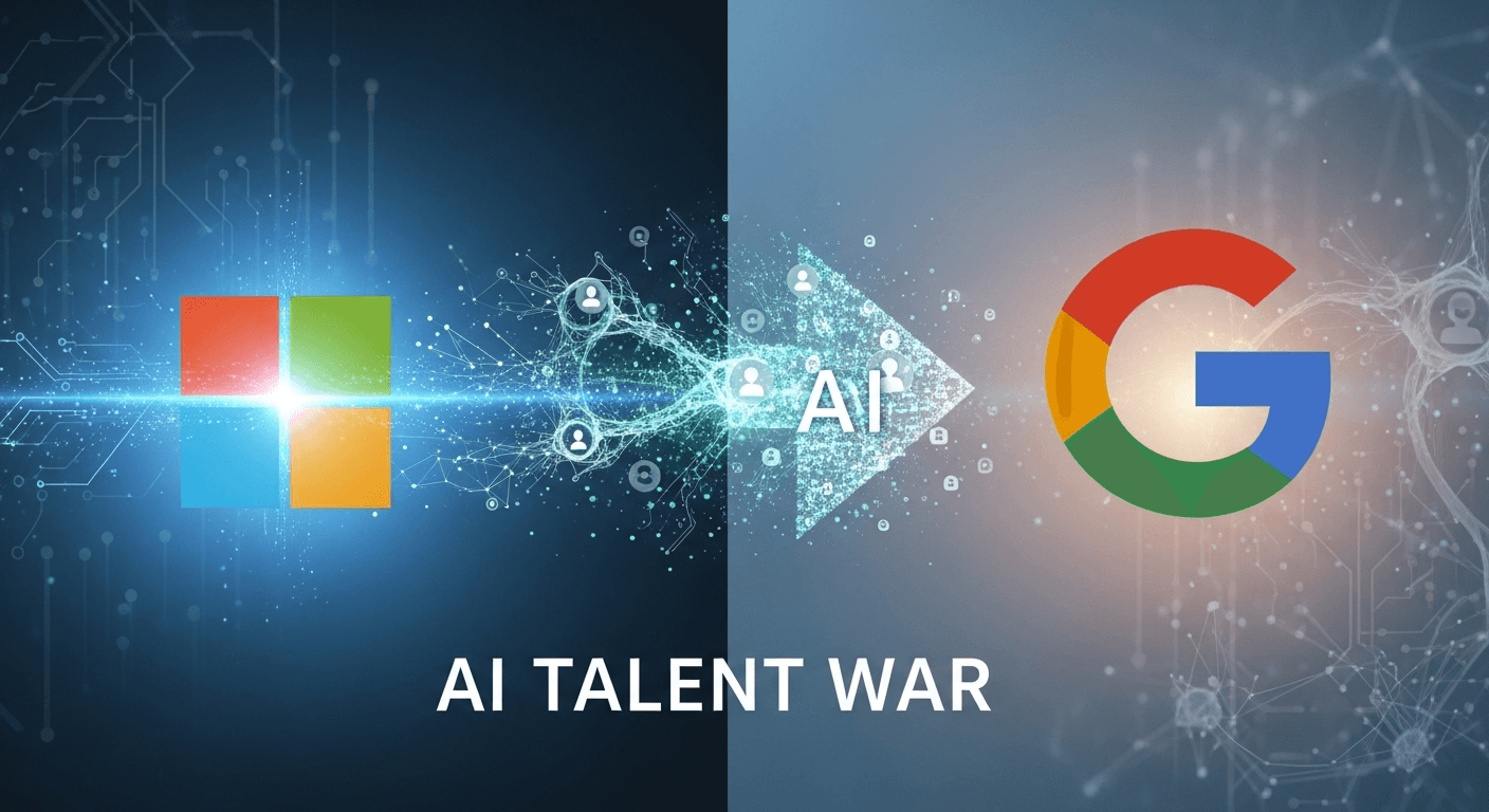 Microsoft and Google logos with silhouettes of AI researchers symbolizing talent moves to Copilot