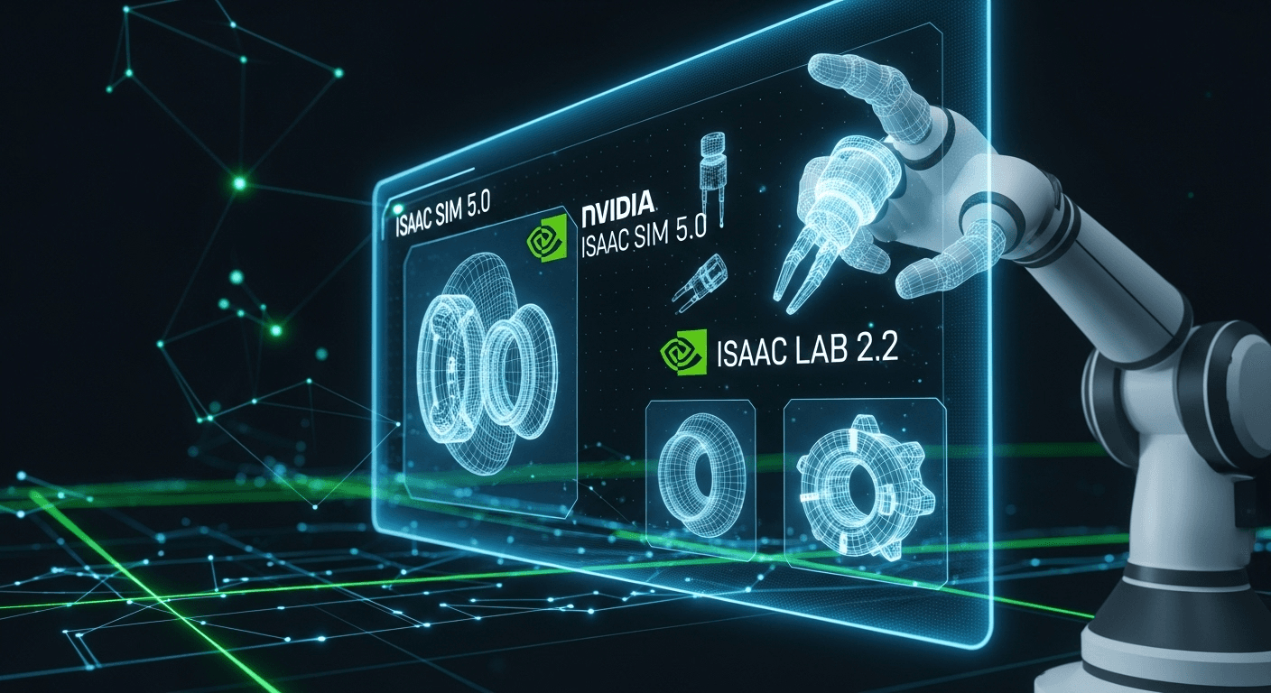 Robotics simulation scene in NVIDIA Isaac Sim with robots training in Isaac Lab