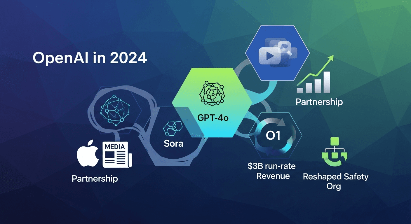 OpenAI headquarters with icons representing GPT-4o, Sora, and Apple integration