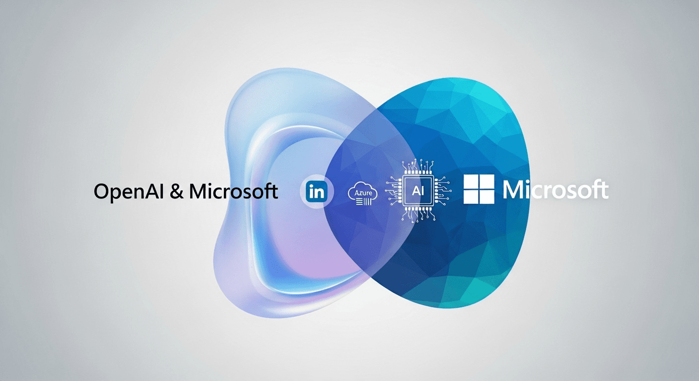OpenAI and Microsoft logos with LinkedIn and AI chip icons, symbolizing overlap in jobs and semiconductor strategies