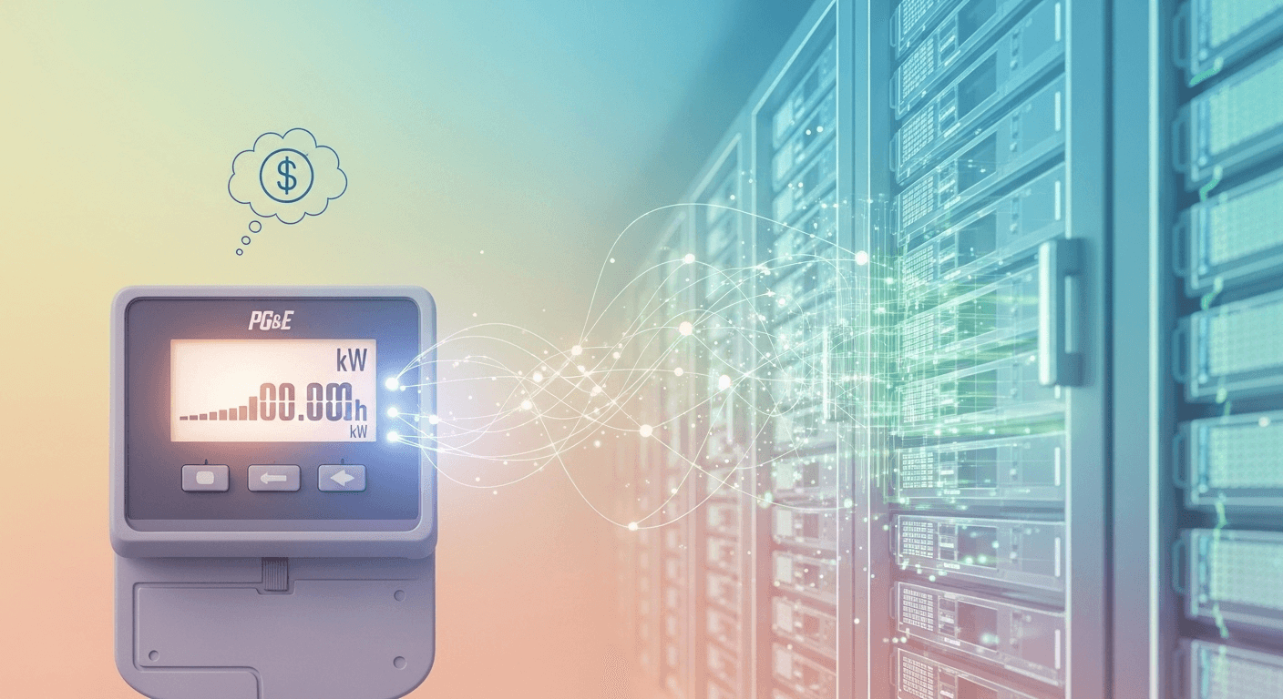 High-voltage power lines alongside a data center, symbolizing AI-driven electricity demand in California