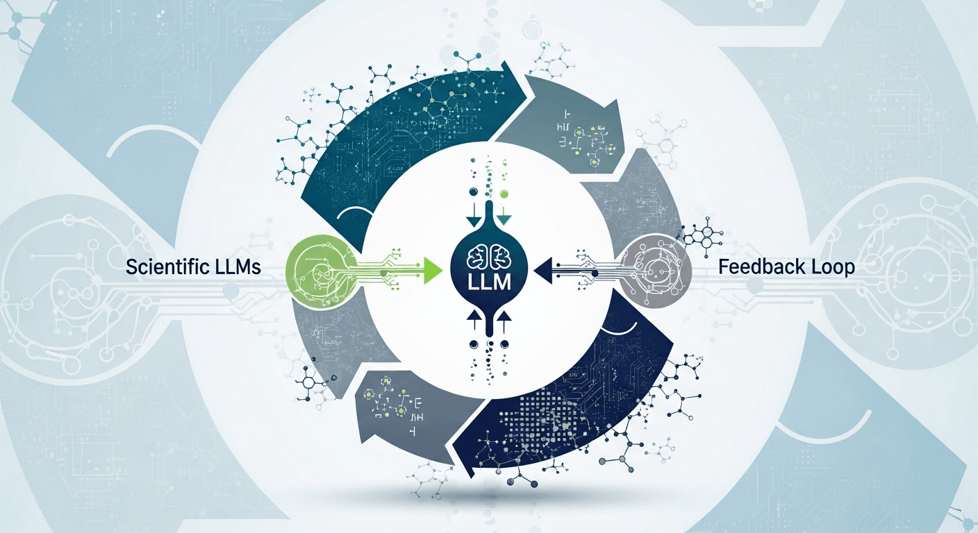 A diagram illustrating a feedback loop linking an LLM to retrieval systems, verification processes, human experts, and lab automation for scientific discovery.