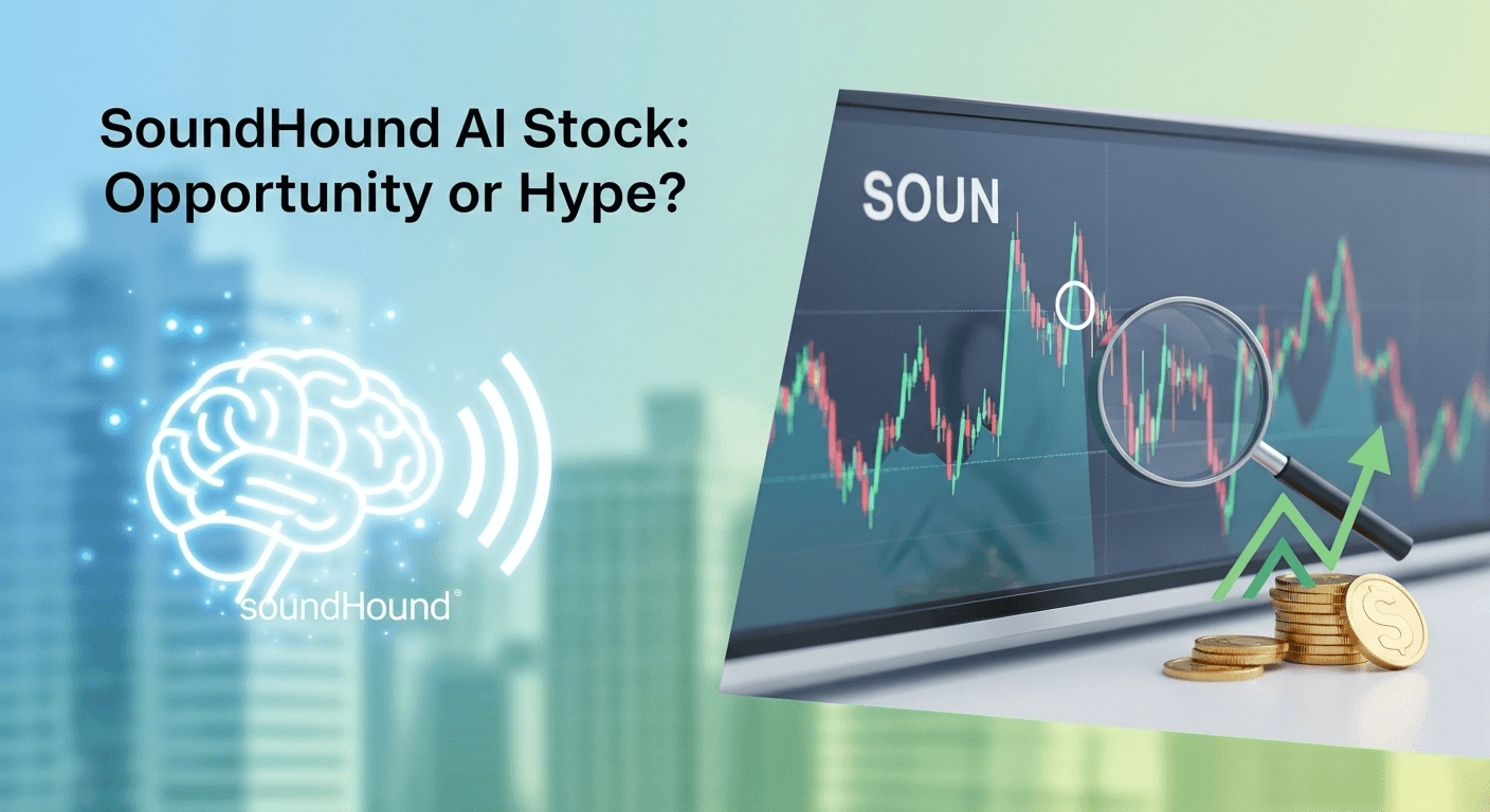 SoundHound AI logo overlaid on a stock chart representing market performance