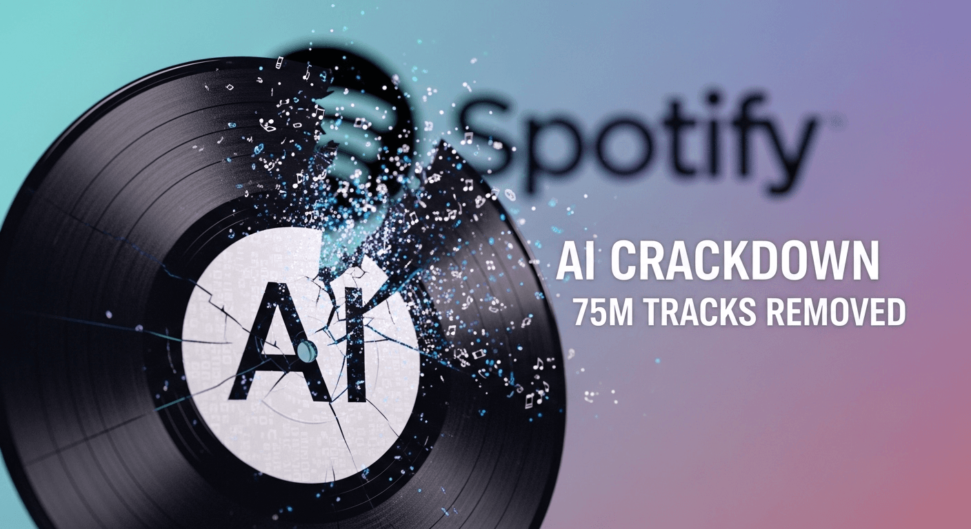 A graphic illustrating Spotify's AI policy crackdown, showing soundwaves and a lock symbol.