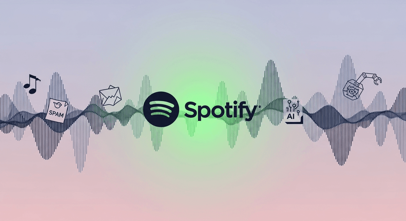 Spotify app on a smartphone with waveforms, symbolizing AI-generated music and spam track removals