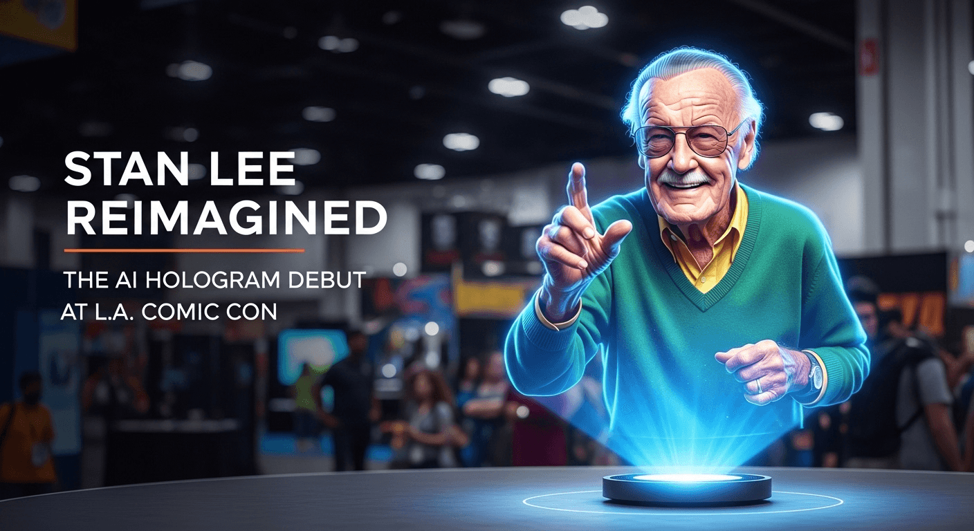 AI hologram of Stan Lee on a convention stage with audience silhouettes