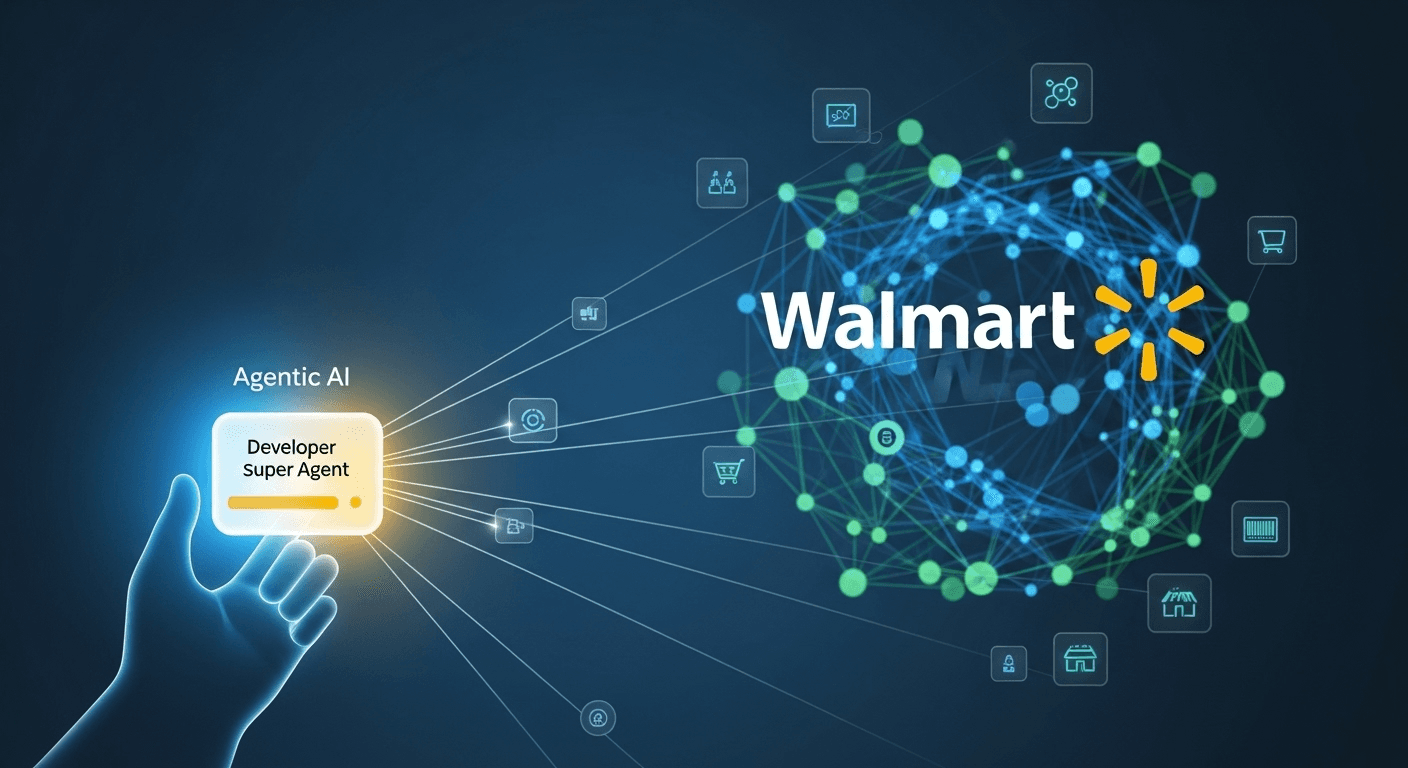 Walmart headquarters featuring an abstract AI network overlay symbolizing an agentic AI platform