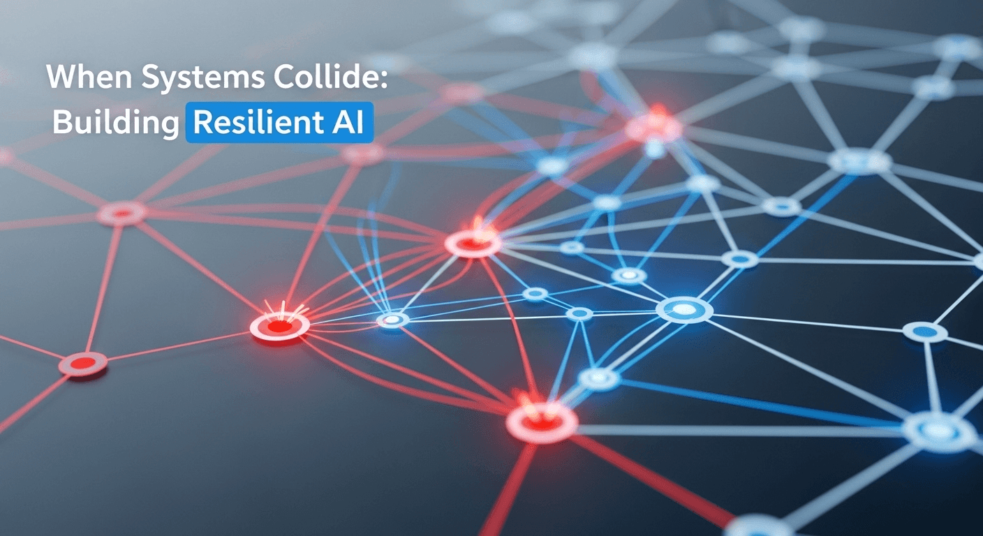 Interconnected systems visualized as nodes and links with highlighted failure points and resilient AI circuit breakers