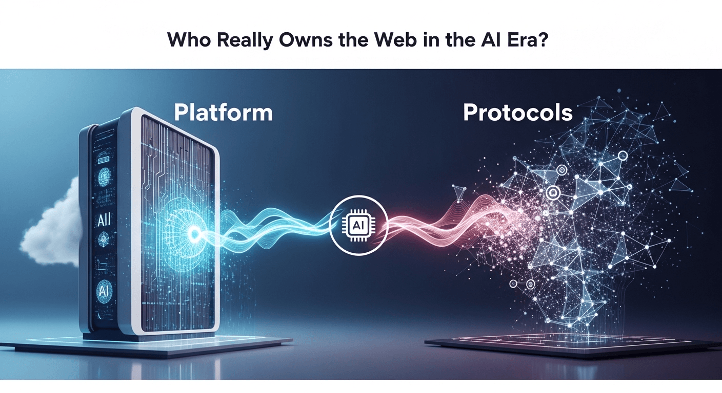 Abstract representation illustrating the connection between centralized hubs and decentralized nodes on the web in the era of AI