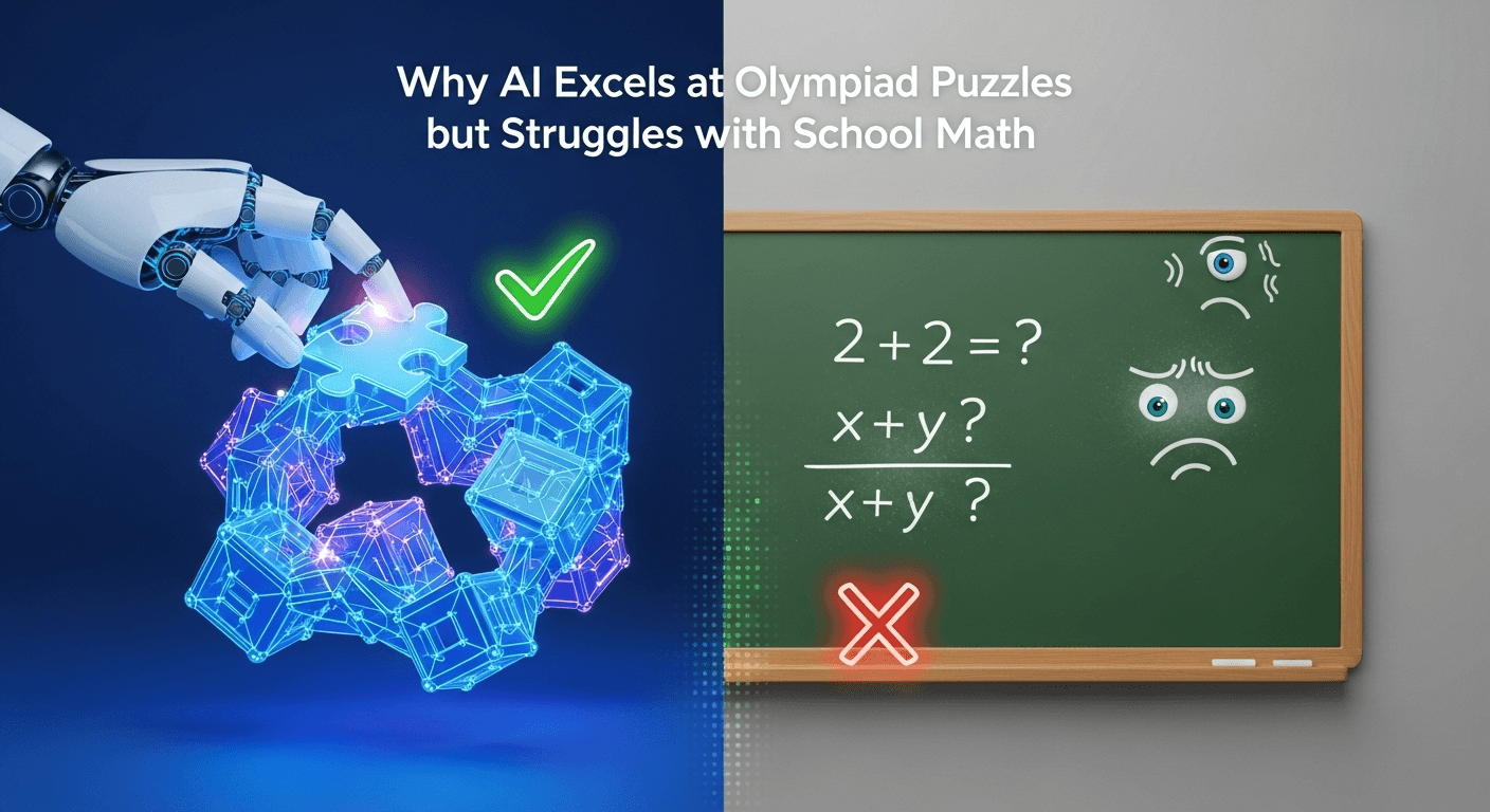 AI solving a geometry Olympiad puzzle on a board while making a basic arithmetic mistake