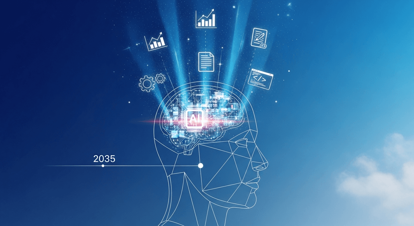 Illustration depicting AI agents collaborating with humans in digital environments by 2035