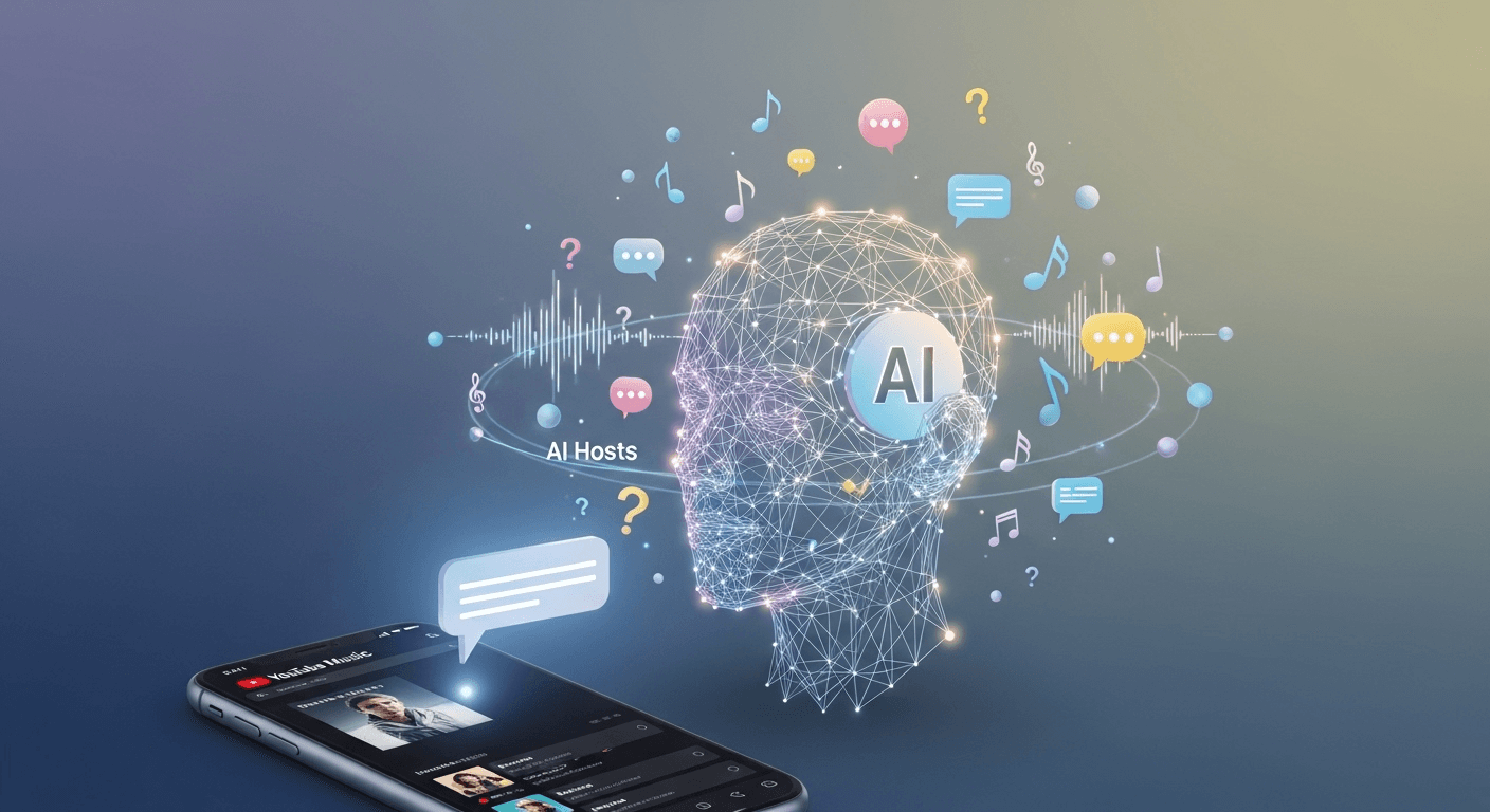 YouTube Music app showing AI host activation spark icon on Now Playing screen