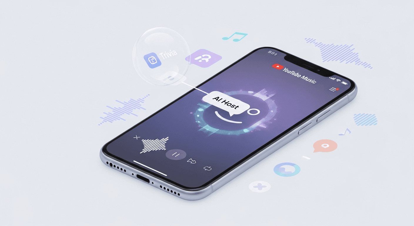 YouTube Music app screen showing an AI host feature with trivia and commentary bubbles between songs.