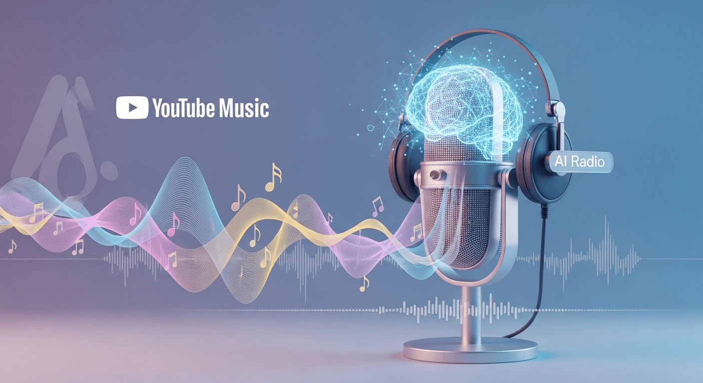YouTube Music app screen showing an AI radio host introducing a track