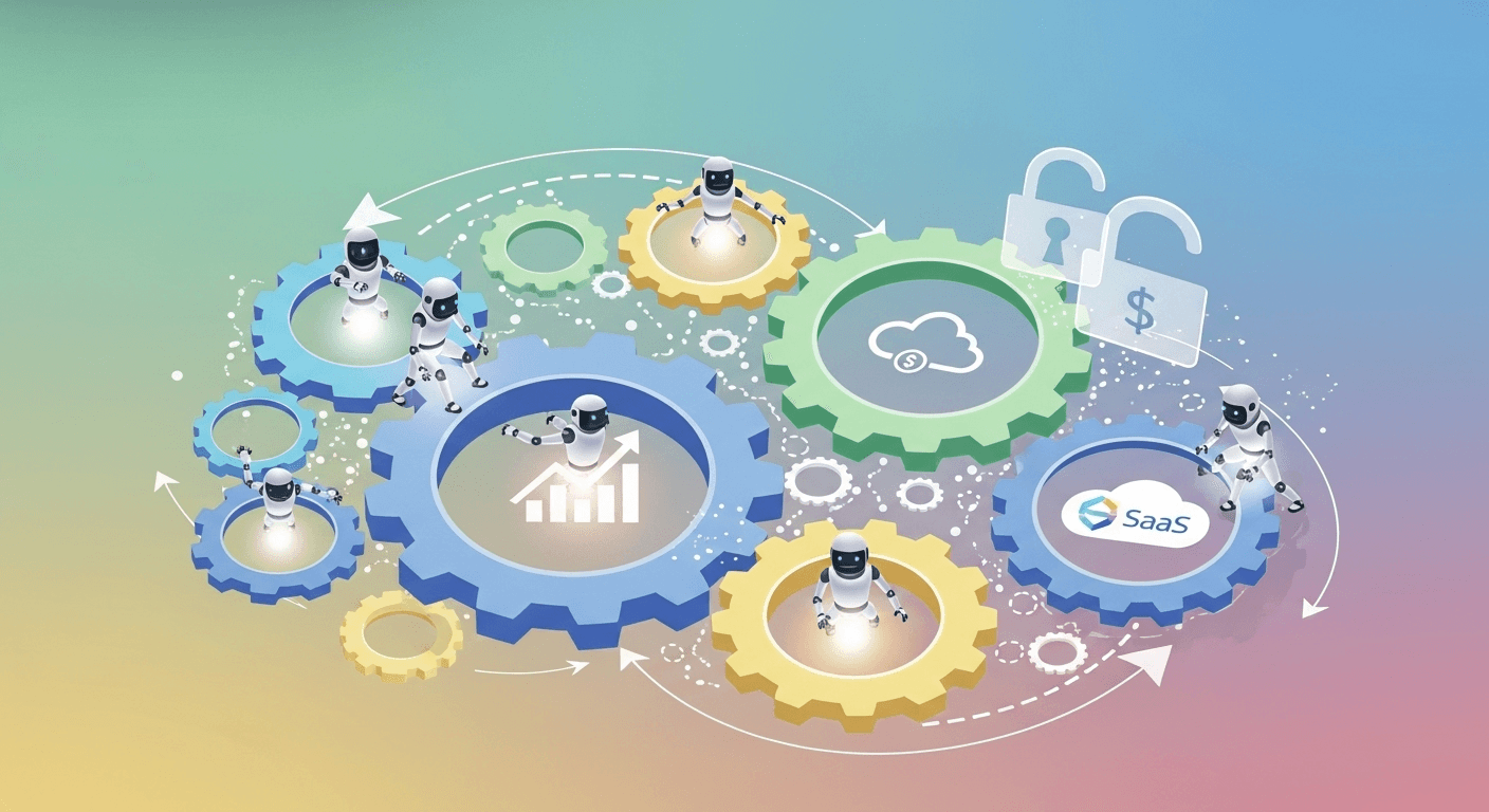 Illustration representing autonomous AI agents managing enterprise workflows across various applications and data systems