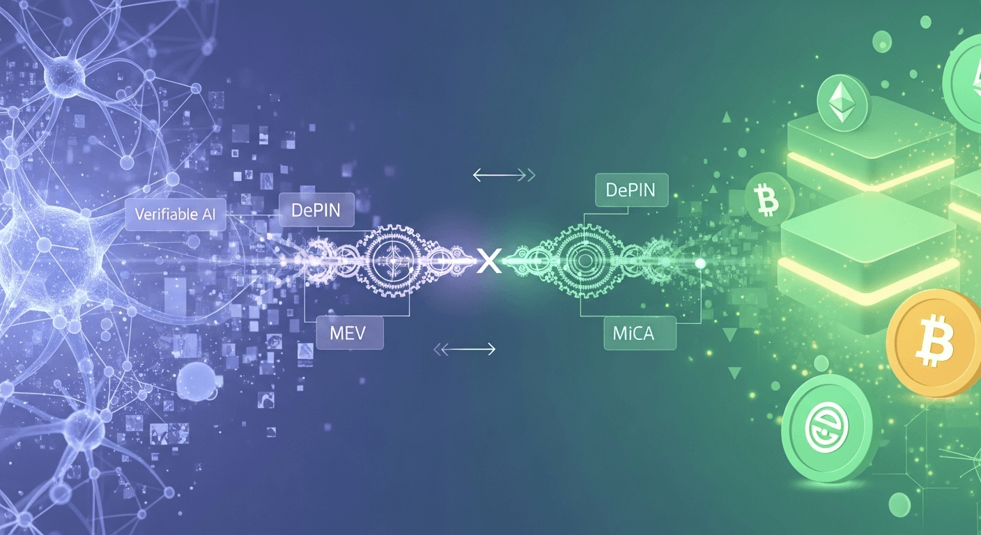 Abstract illustration of AI circuitry merging with a blockchain network