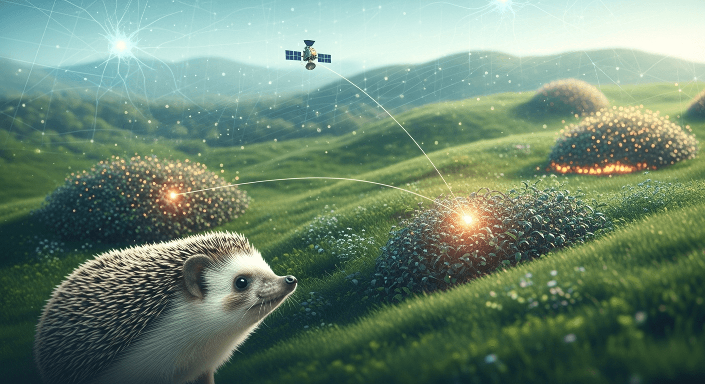 Satellite view highlighting bramble patches as likely hedgehog habitat proxies across a rural landscape