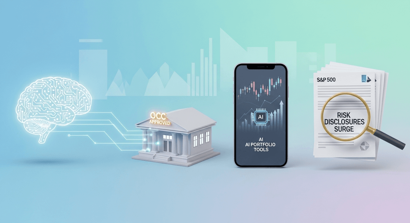 City skyline with financial charts overlaid and circuit-like patterns symbolizing AI in banking