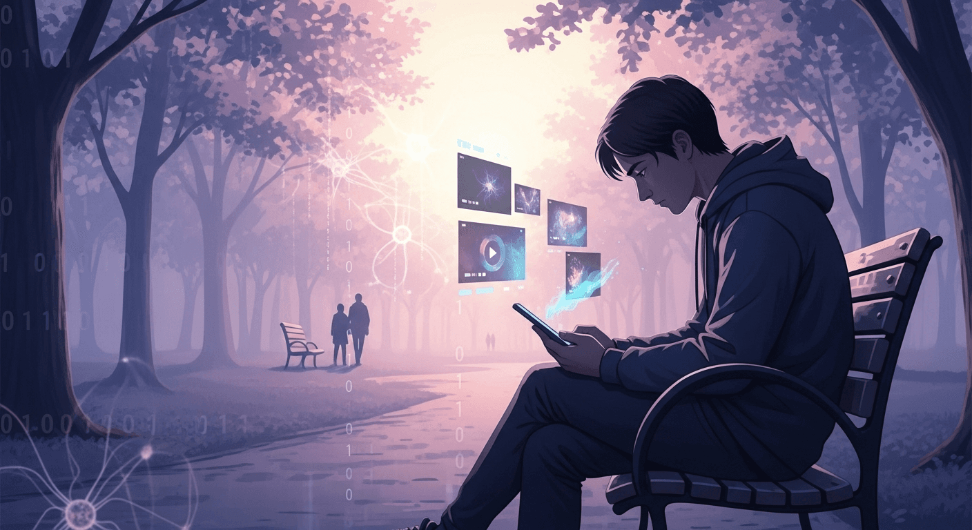 Person watching an AI-generated video on a phone while sitting alone, reflecting the social impact of Sora-like apps