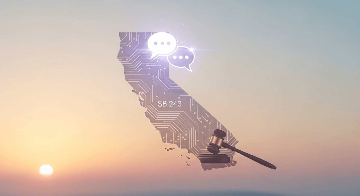 California State Capitol building with AI chatbot interface overlay, symbolizing new regulations