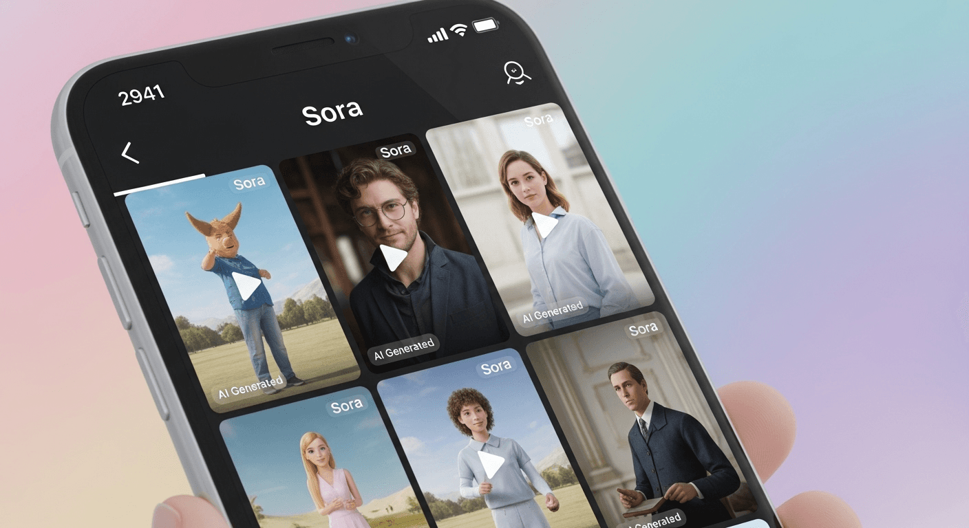 Phone displaying OpenAI’s Sora app with an AI-generated vertical video feed