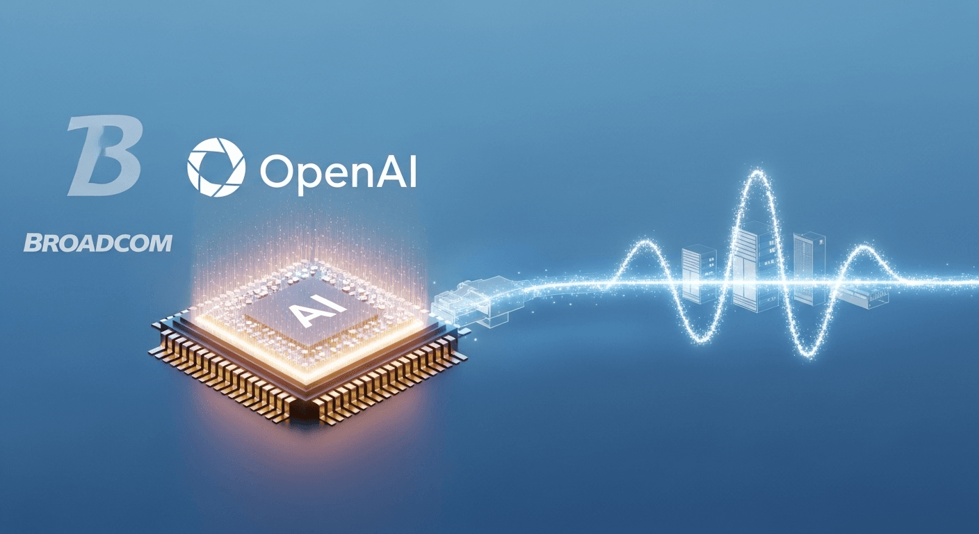 Concept illustration of OpenAI and Broadcom custom AI accelerator racks connected over high-speed Ethernet