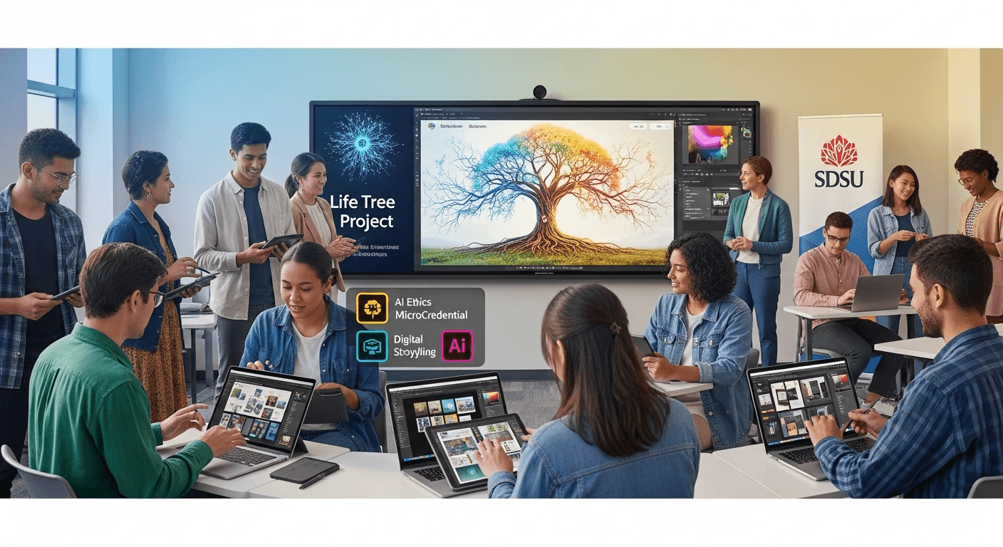 SDSU students collaborate on the Life Tree project using Adobe Express and AI tools during the First Year Seminar.