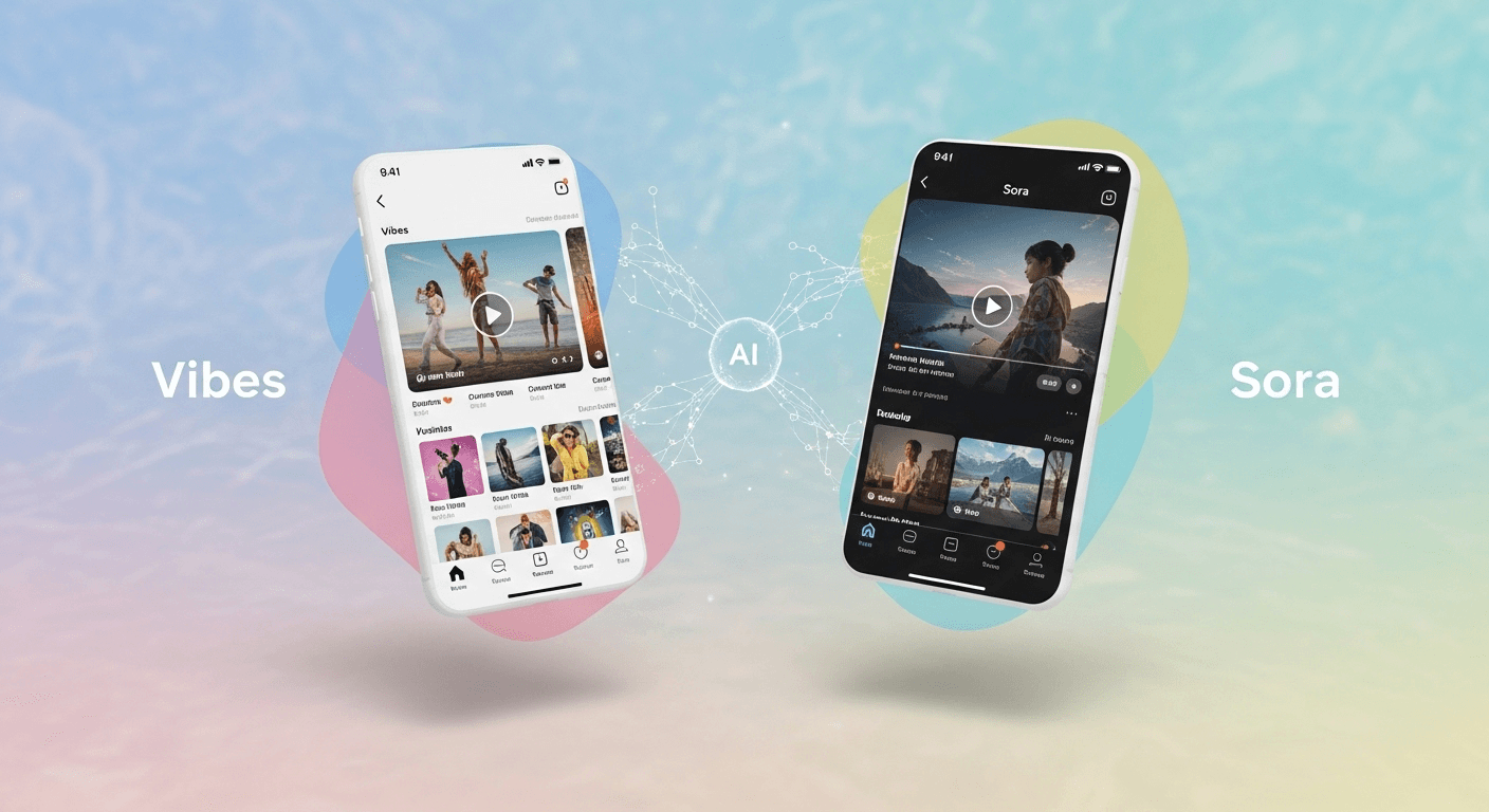 Screens displaying OpenAI Sora and Meta Vibes with AI-generated video clips