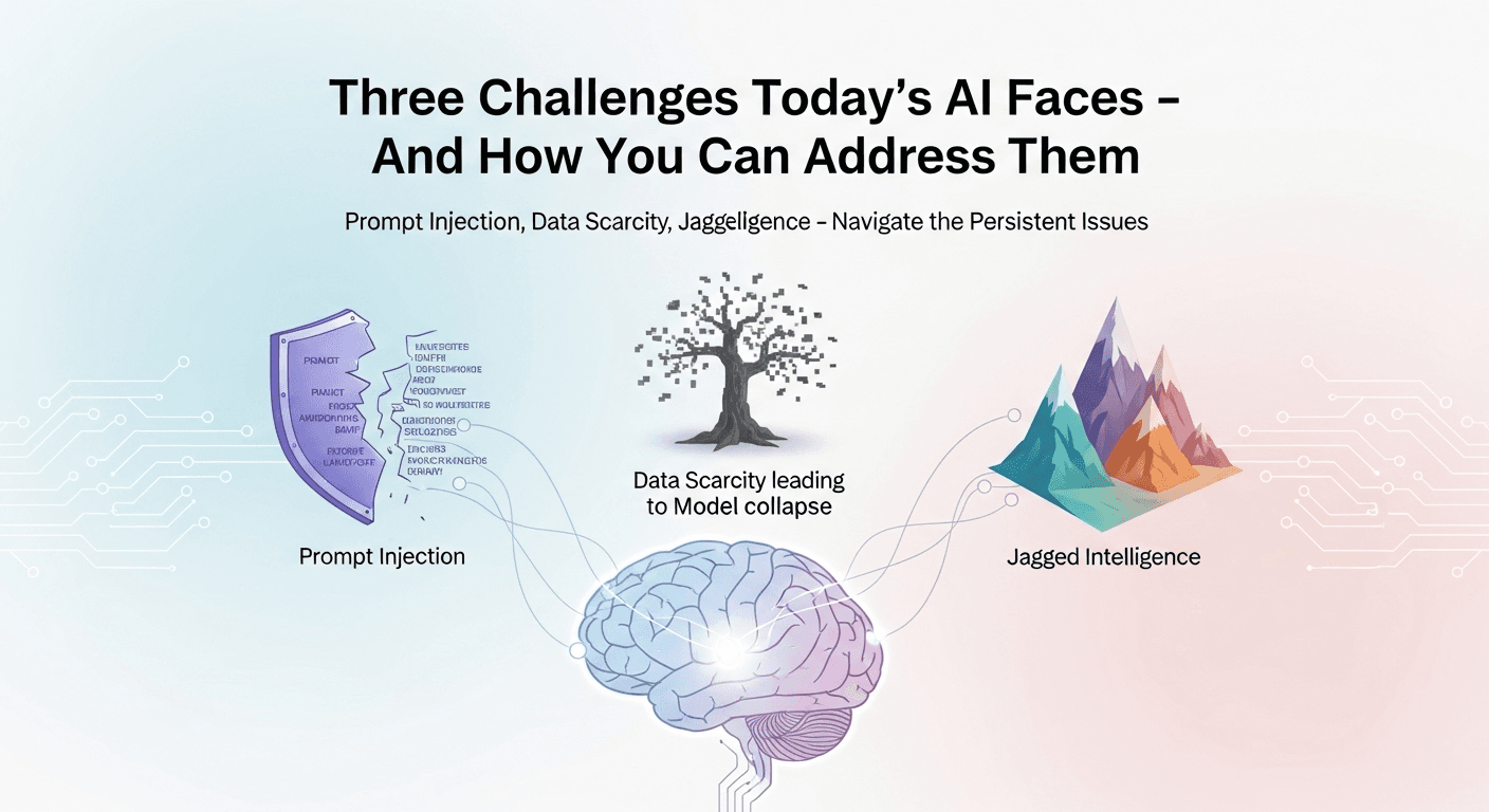 Three significant barriers for today's AI systems: security risks, data limitations, and reliability issues, depicted as a blocked road.