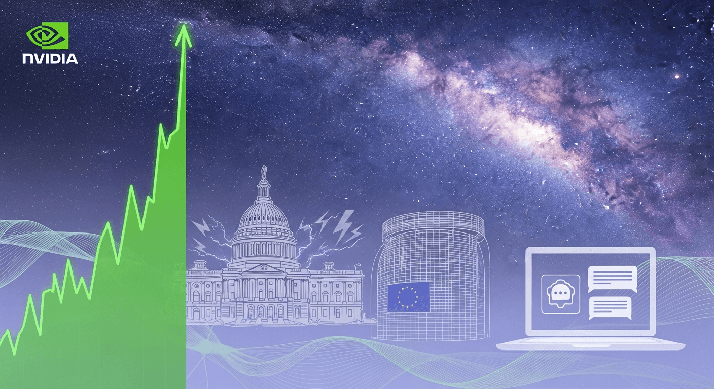 Collage of a GPU data center, a classroom using a chatbot, and a spiral galaxy representing AI-powered simulations