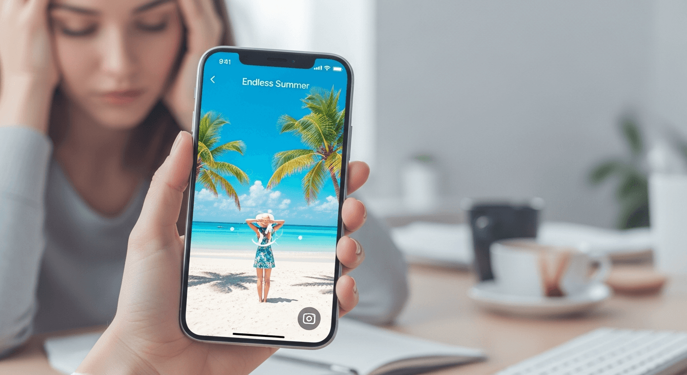 Phone screen displaying AI-generated vacation photos of a person in sunny travel settings