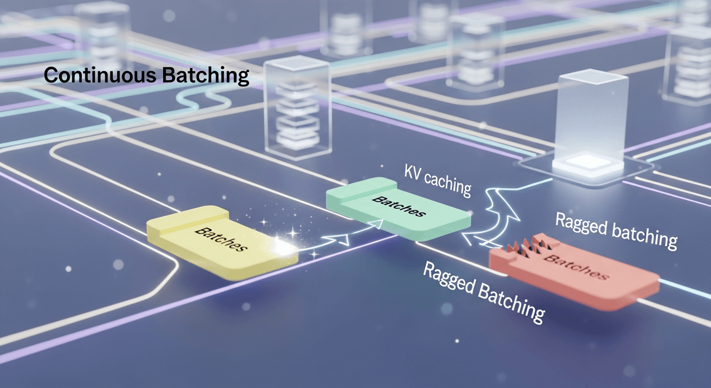 Diagram depicting continuous batching, illustrating how decode tokens and prefill chunks are efficiently processed without padding