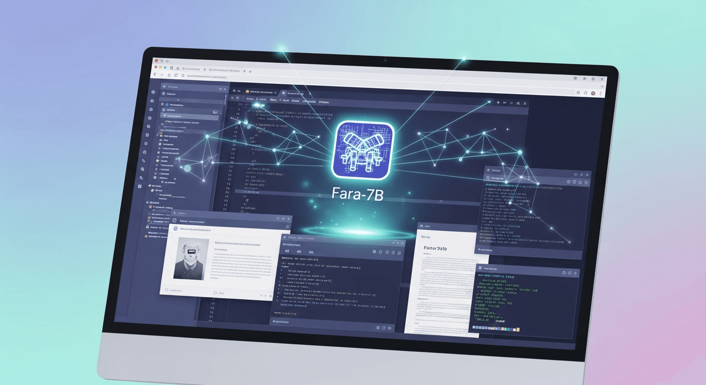 Illustration of Microsoft Fara-7B acting as a computer-use agent controlling a web browser