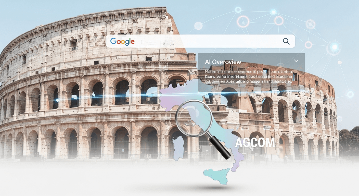 Laptop displaying Google Search with AI answer box above news links, illustrating publishers' visibility concerns in Italy