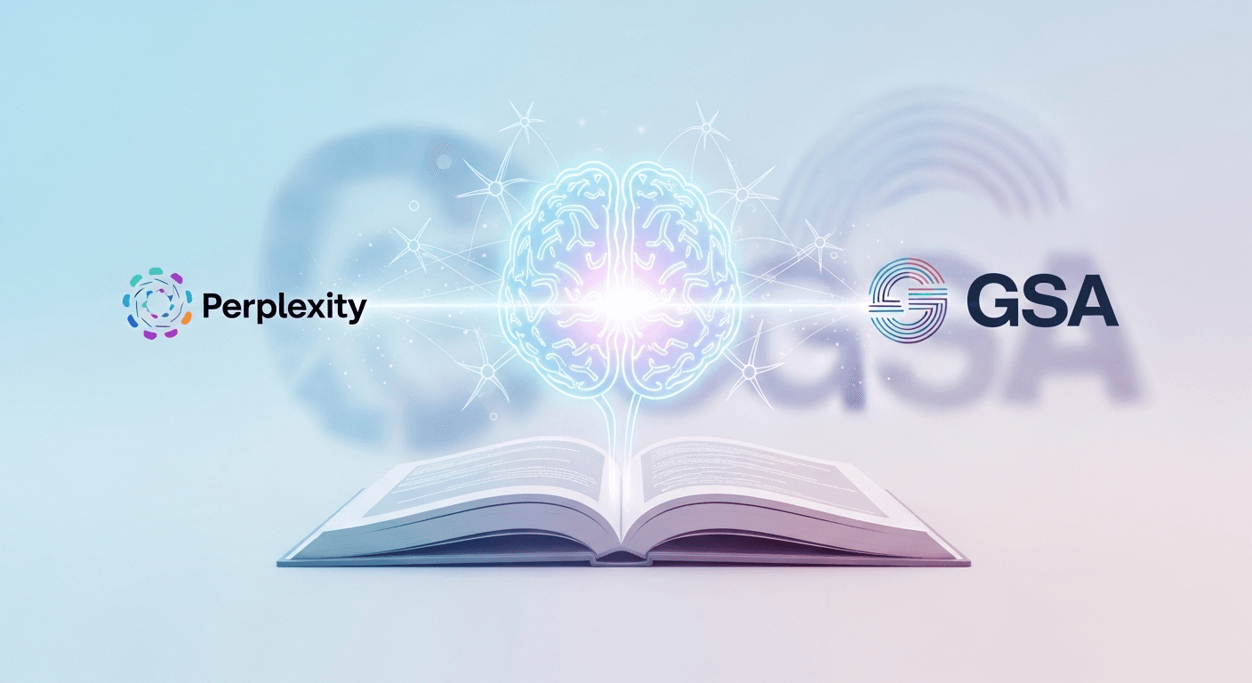 Perplexity and GSA partnership graphic showing government buildings connected to an AI platform