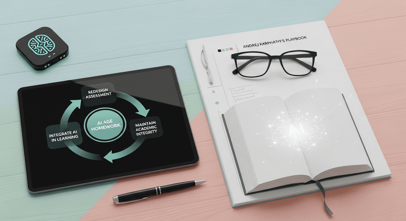 Teacher reviewing student notebooks while an AI-generated handwriting example is displayed on a tablet