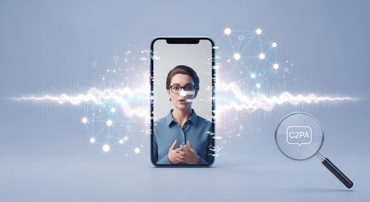 Illustration of a smartphone displaying a Sora 2-style AI-generated news clip featuring a subtle watermark