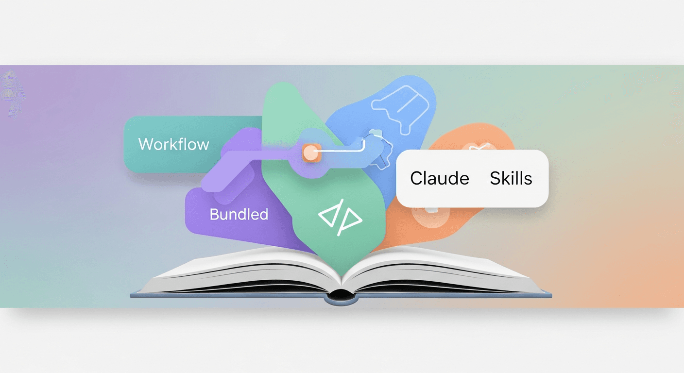 Diagram of a Claude Skill folder labeled SKILL.md connecting to apps like PowerPoint, Excel, Notion, and Canva