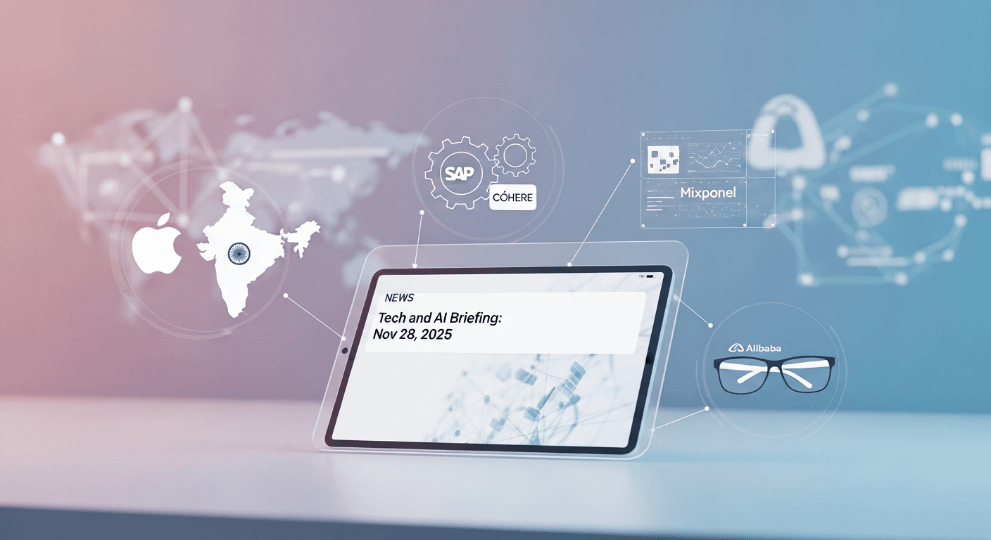 Visual collage representing Apple's legal case, SAP-Cohere's sovereign AI initiative, OpenAI's security notification, Perplexity Comet's new features, and Alibaba's Quark AI glasses launch.
