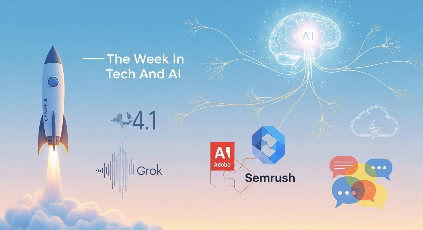 Weekly tech and AI recap for November 2025 showing Gemini 3, Grok 4.1, Cloudflare outage, and Adobe-Semrush acquisition