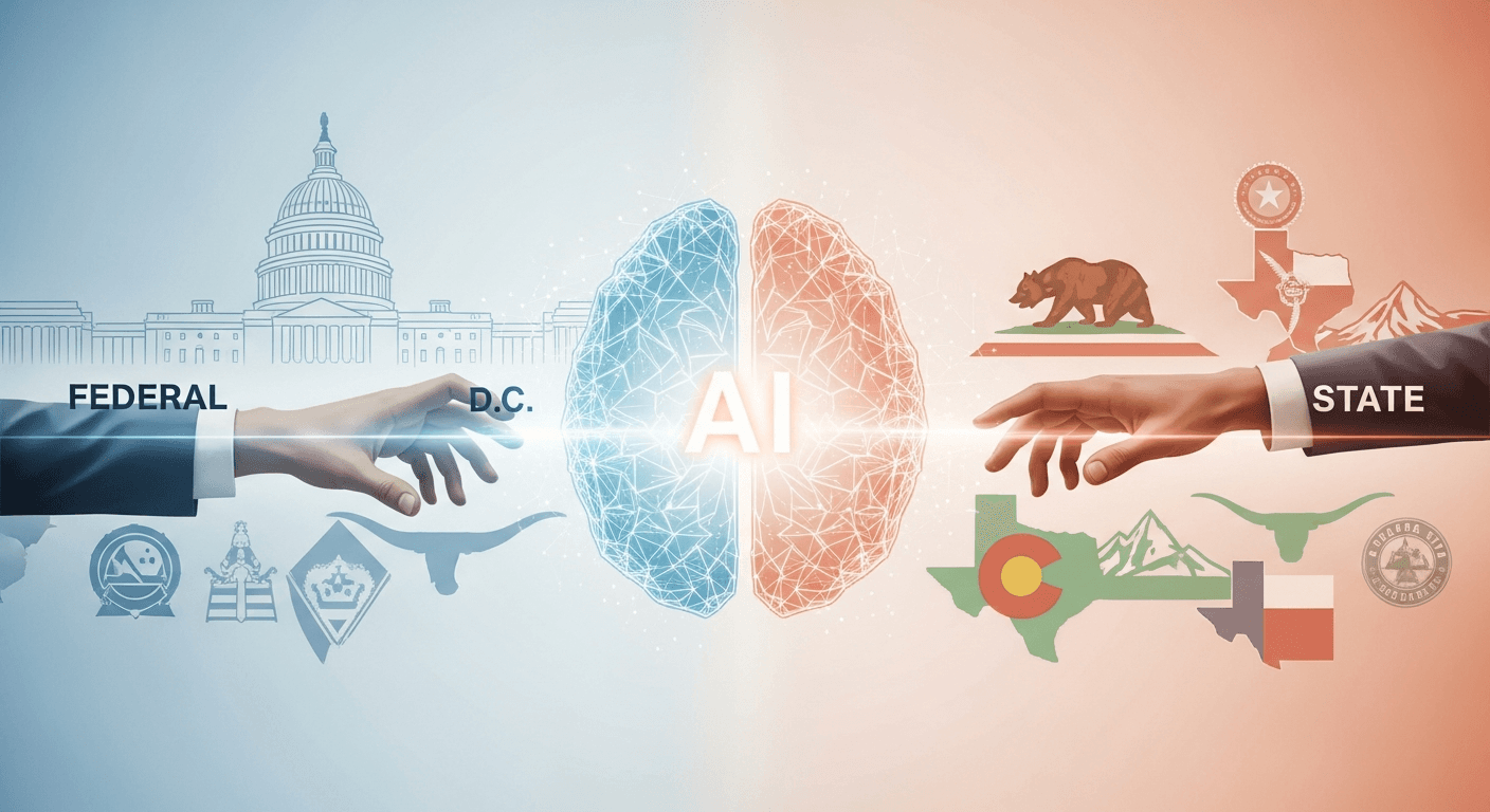 Capitol dome and U.S. map segmented by state lines with circuit patterns representing AI regulation across states