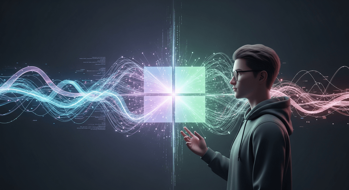 Windows 40th anniversary graphic with classic Windows logos transitioning to modern AI-themed Windows icon