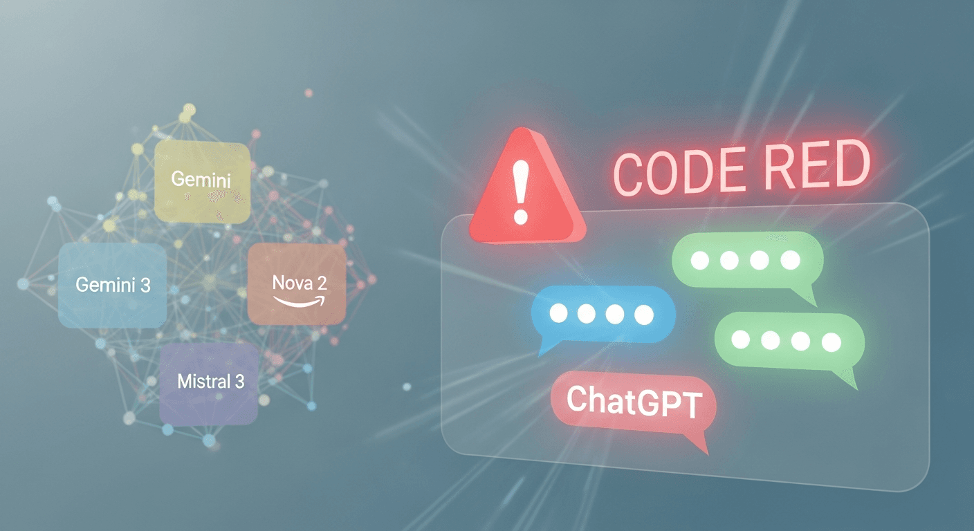 An illustration depicting a red status light over ChatGPT and Gemini icons, symbolizing OpenAI’s state of urgency