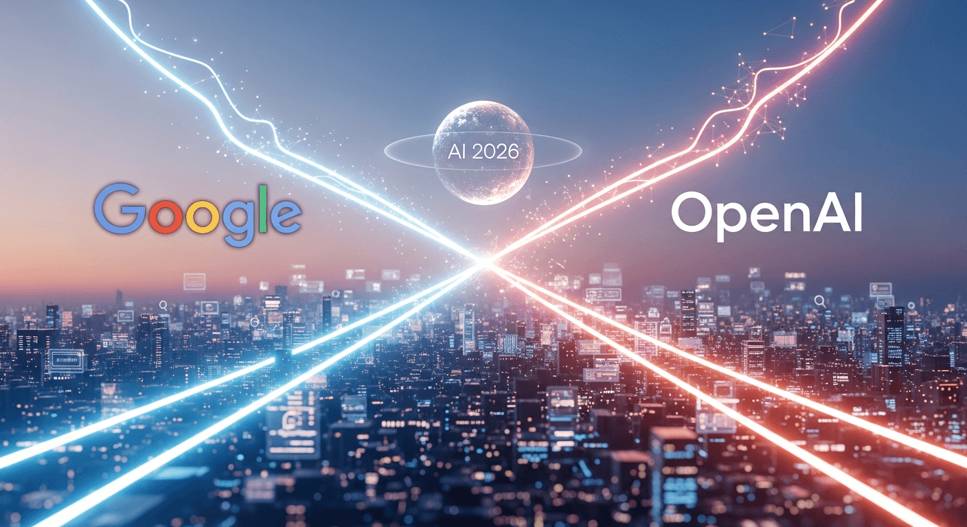Logos of OpenAI and Google on an AI circuit board background