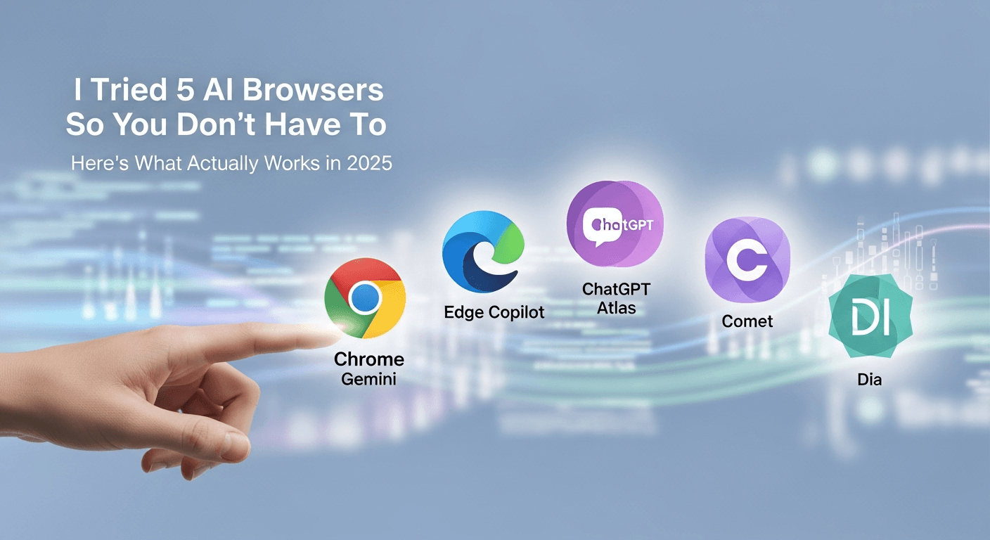 Collage of five AI browsers - Chrome Gemini, Edge Copilot, ChatGPT Atlas, Perplexity Comet, and Dia - displayed on a laptop screen in a workspace